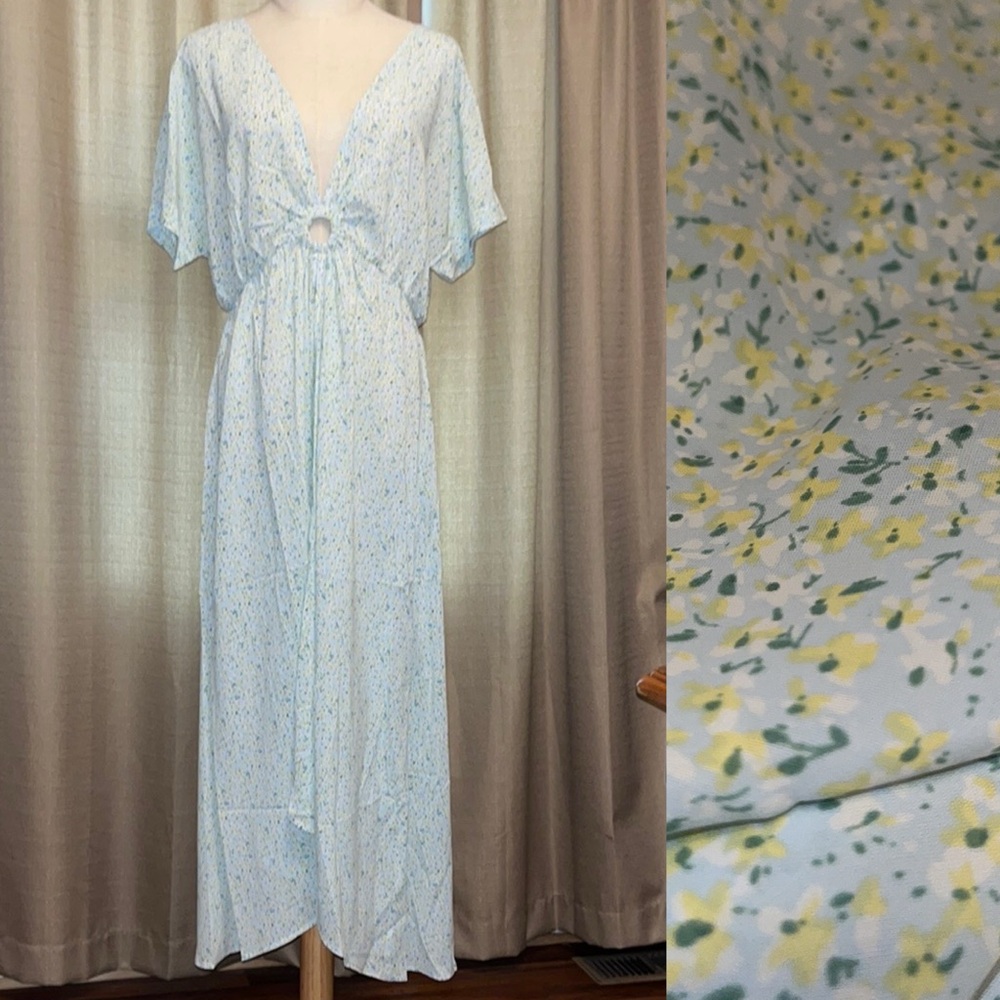 Heyson Blue Floral V-Neck Short Sleeve Coverup Midi Kimono Dress Womens Large